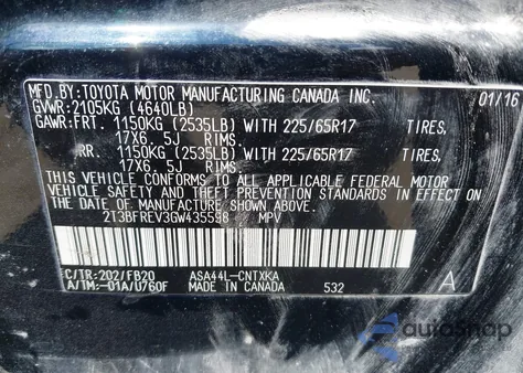 2016 Toyota Rav4 Le z USA, uszkodzony, nr VIN 2T3BFREV3GW435598